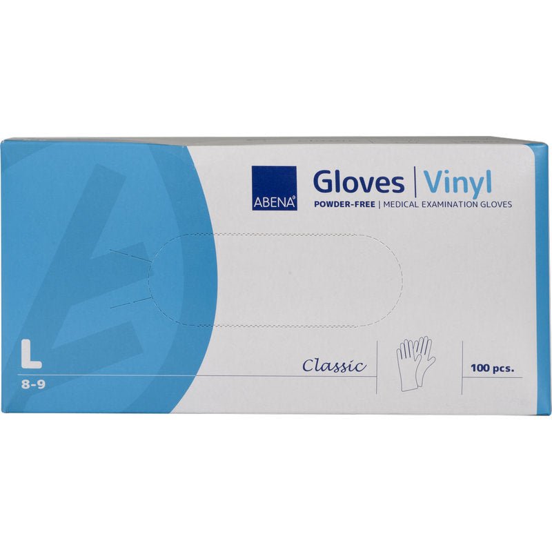 Obdĺžniková krabica rukavíc Abena Re-Seller GmbH Vinyl-Handschuhe Classic, bez púdru, priehľadná, veľkosť Large (8-9), s modro-bielym balením a obrázkom rukavice obsahuje 100 jednorazových rukavíc pre lekárske vyšetrenia.
