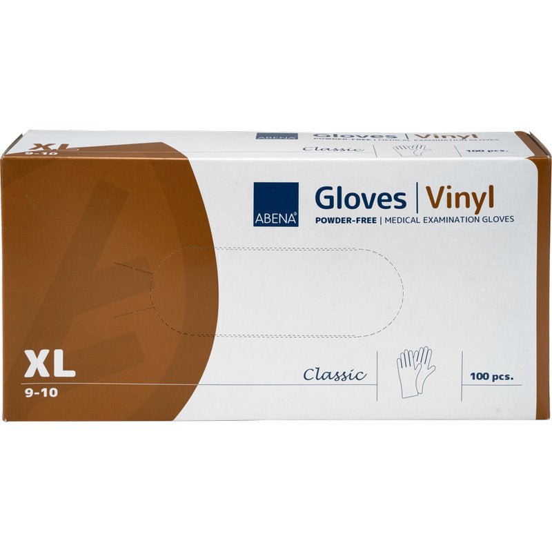 Krabica rukavíc Abena Re-Seller GmbH Vinyl-Handschuhe Classic, bez púdru, priehľadná, veľkosť XL (9-10), 100 kusov. Biela krabica má hnedé a modré akcenty a symbol ruky.
