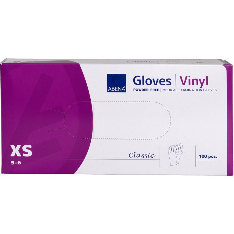 Krabica rukavíc Abena Re-Seller GmbH Vinyl-Handschuhe Classic, bez púdru a priehľadná, veľkosť XS (5-6), obsahuje 100 kusov. Balenie je bielo-fialové s potlačou a obrázkom rukavice.