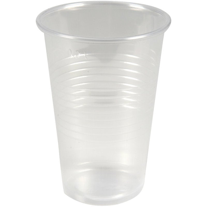 Priehľadný výčapný pohár, PP, 20 cl od spoločnosti Abena Re-Seller GmbH stojí vzpriamene pred jednoduchým bielym pozadím. Pohár má mierne rozšírený okraj a horizontálne drážky okolo tela. Dodáva sa v baleniach po 100 kusoch.
