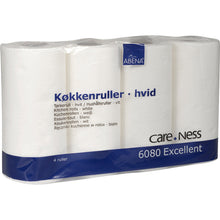 Eine in Kunststoff verpackte Packung mit 4 weißen Abena Re-Seller GmbH Küchenrollen, 2-lagig (22,5 cm x 17,85 m), beschriftet mit "Køkkenruller - hvid" mit Übersetzungen und gekennzeichnet als hoch absorbierend. Produkt: 6080 Ausgezeichnet.