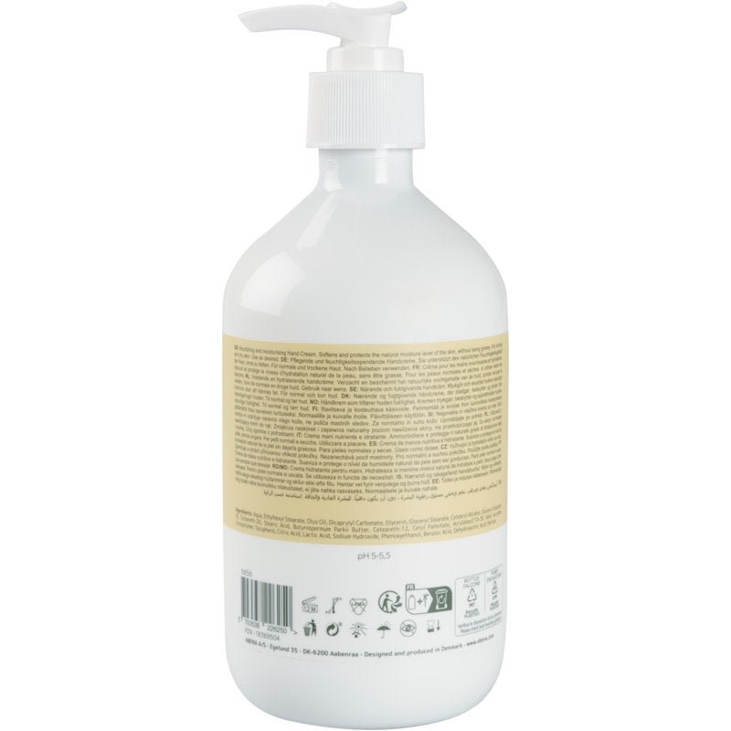 Biela plastová pumpovacia fľaša s béžovou etiketou na zadnej strane s údajmi o produkte, zložení a recyklačnými symbolmi pre krém na ruky Abena Re-Seller GmbH, 21% obsah tuku, jemne parfumovaný.