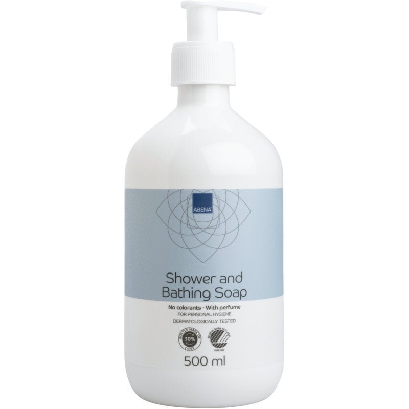 500 ml pumpovacia fľaša Abena Re-Seller GmbH šampón na vlasy a telo s parfumom, s bielou fľašou a svetlomodrou etiketou, dermatologicky testovaný pre starostlivosť o telo; dostupné v kartóne po 6 kusoch.