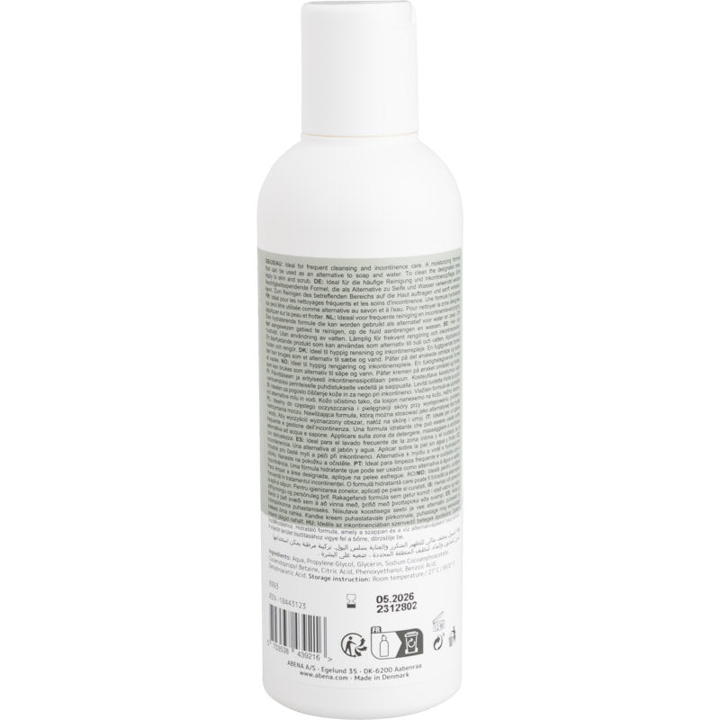 Biela plastová fľaša s bielym uzáverom, pohľad zozadu. Etiketa obsahuje informácie a pokyny k Abena Re-Seller GmbH šampónu na vlasy a telo "Umývanie bez vody", 200 ml | Kartón (6 balení), ako aj symboly recyklácie a čiarové kódy.