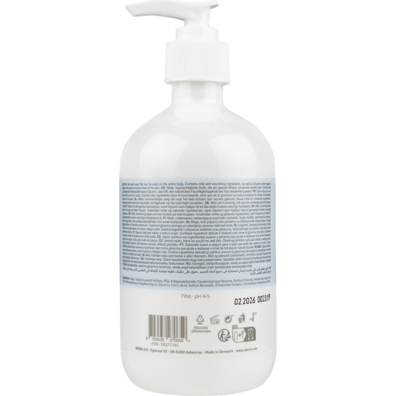 Priehľadná plastová fľaša s bielou pumpičkou s nápisom "Jemné krémové mydlo bez parfumu" od spoločnosti Abena Re-Seller GmbH je vybavená veľkou modro-bielou etiketou a viacjazyčnými informáciami o produkte na zadnej strane.