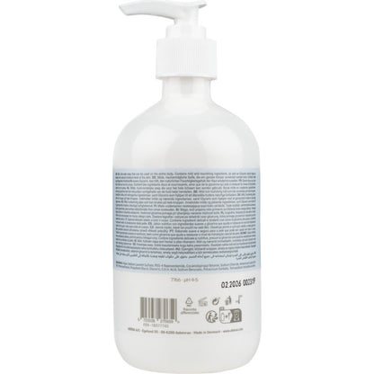 Priehľadná plastová fľaša s bielou pumpičkou s nápisom "Jemné krémové mydlo bez parfumu" od spoločnosti Abena Re-Seller GmbH je vybavená veľkou modro-bielou etiketou a viacjazyčnými informáciami o produkte na zadnej strane.