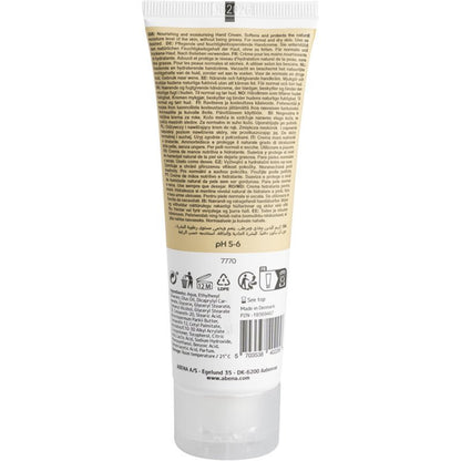 Tuba krému na ruky Abena Re-Seller GmbH (21% obsah tuku, jemne parfumovaný) je zobrazená zozadu, s informáciami o produkte, návodmi a zložkami v niekoľkých jazykoch, ako aj symbolmi použitia a recyklácie v dolnej časti.