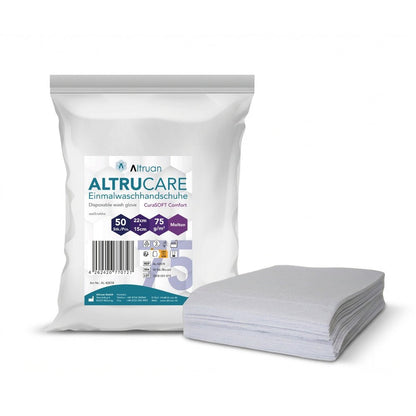 Balenie Altruan Altrucare jednorazových umývacích rukavíc CuraSOFT Comfort (75 g) s 50 jednorazovými umývacími rukavicami je zobrazené vedľa stohu zložených rukavíc; balenie má veľkosť 22 x 15 cm.