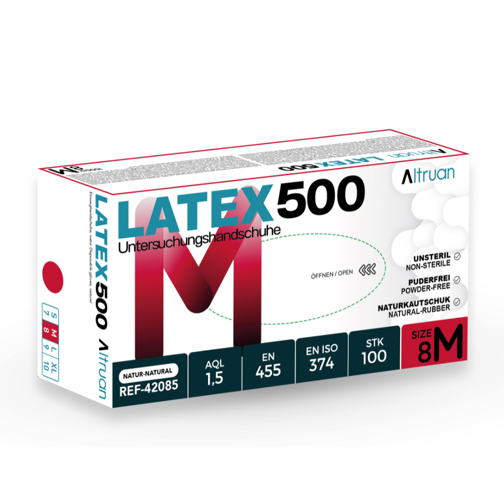Eine Schachtel Altruan Latex 500 Einmalhandschuhe, natur, 100 Stück, unsterile, puderfreie Einweghandschuhe aus Naturkautschuk mit Produktcodes und Zertifizierungen auf der Verpackung. Marke: Altruan.