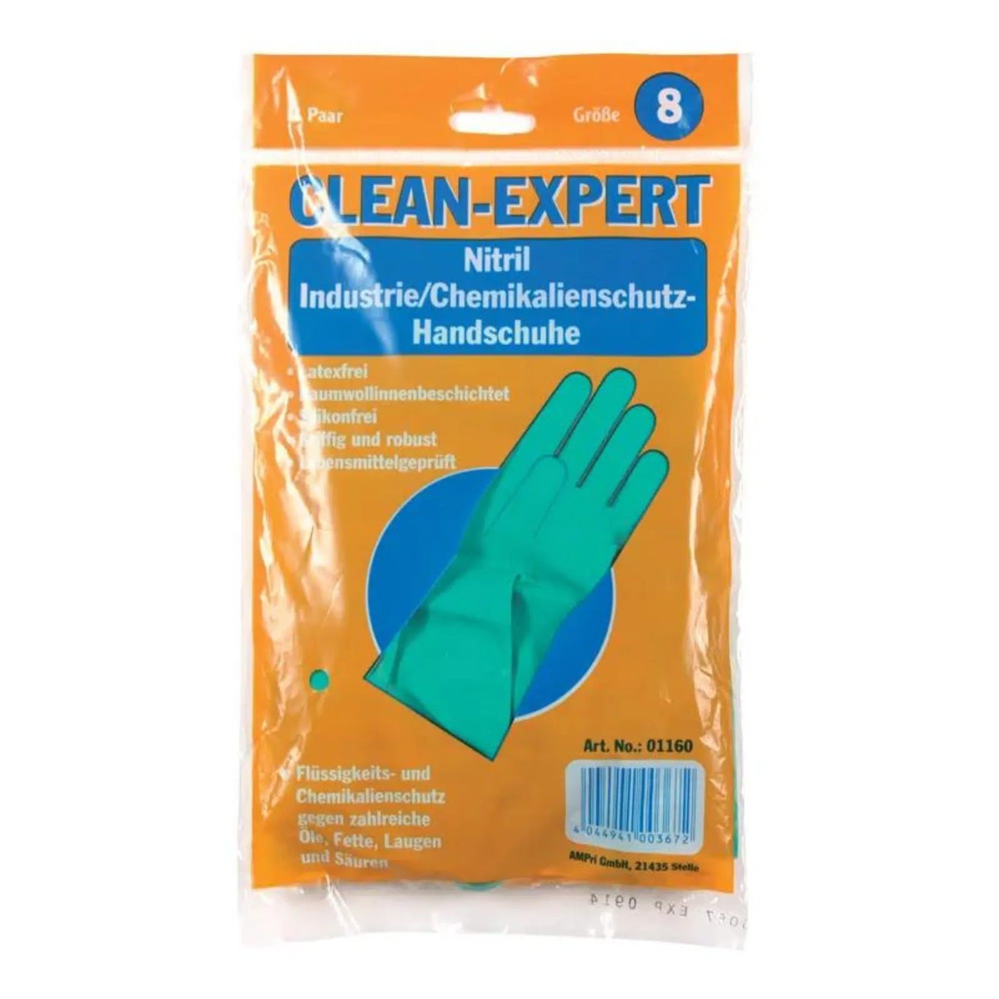 Balenie nitrilových chemických rukavíc „Clean-Expert“ od AMPri Handelsgesellschaft mbH, veľkosť 8. Oranžovo-priehľadné balenie zobrazuje obrázok zelených rukavíc vo vnútri. Tieto priemyselné rukavice sú bez latexu, flockované a testované na tesnosť, čo z nich robí ideálne ochranné rukavice proti chemikáliám.