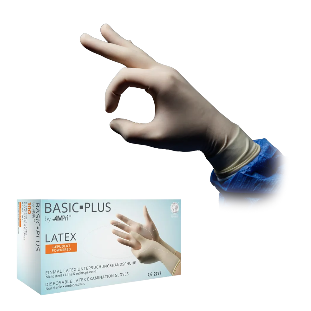 Ruka s latexovou rukavicou robí gesto „OK“. Pod ňou sa nachádza škatuľa s nápisom „AMPri BASIC-PLUS latexové rukavice púdrované, biele | Box (100 kusov)“ od spoločnosti AMPri Handelsgesellschaft mbH, ktorá obsahuje jednorazové vyšetrovacie rukavice z latexu. Škatuľa zobrazuje obrázok rúk v rukaviciach a viacjazyčný text, ktorý zdôrazňuje ochranu pred chemikáliami.