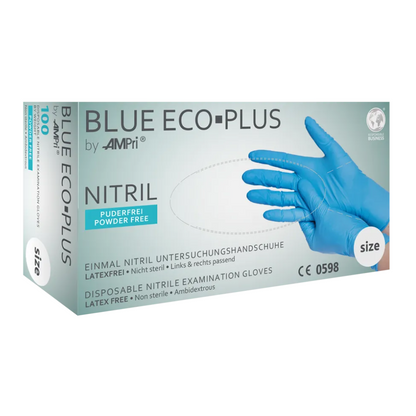 Krabica AMPri BLUE ECO-PLUS nitrilových rukavíc bez púdru, modré jednorazové vyšetrovacie rukavice z nitrilu od AMPri Handelsgesellschaft mbH. Krabica je označená ako bez púdru, bez latexu, nesterilná, obojručná a obsahuje 100 rukavíc. Ideálne pre potravinársky priemysel, obrázok ukazuje ruku, ktorá má na sebe modrú rukavicu.