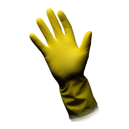 AMPri CLEAN-COMFORT latexový domácny rukavica v žltej farbe je zobrazený s dlaňou smerujúcou dopredu. Rukavica od AMPri Handelsgesellschaft mbH má textúrovaný úchop na dlani a prstoch a siaha trochu nad zápästie. Biely pozadie zdôrazňuje jeho účelnosť pre rôzne úlohy.