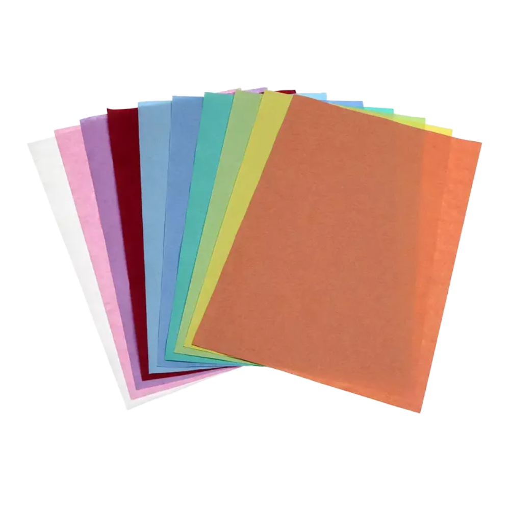 Vejárovitá prezentácia AMPri Dental Kreppauflage Tray-filtračného papiera, dostupného v rôznych farbách ako biela, ružová, červená, modrá, zelená, žltá a oranžová od AMPri Handelsgesellschaft mbH, ukazuje listy usporiadané zľava doprava vo vzrastajúcej výške.