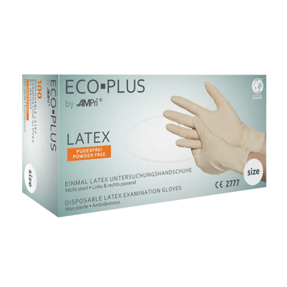 Krabica AMPri ECO-PLUS latexových rukavíc nepudrovaných, bielych od AMPri Handelsgesellschaft mbH. Balenie zobrazuje obrázok rúk v rukaviciach a obsahuje informácie, že ide o jednorazové rukavice, ktoré nie sú sterilné, nepudrované a vhodné pre obe ruky. Krabica tiež obsahuje údaje o veľkosti, rôzne certifikácie a pokyny.