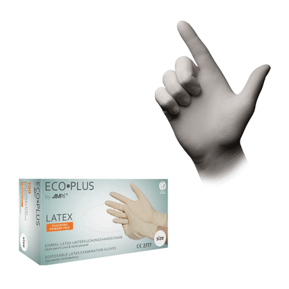 Naľavo je zobrazená krabica AMPri ECO-PLUS latexových rukavíc nepudrovaných, bielych od AMPri Handelsgesellschaft mbH. Napravo je vidieť jednu ruku s jednou z rukavíc, palec je zdvihnutý nahor. Dizajn na krabici a rukavici je jednoduchý, text je prevažne v nemčine.
