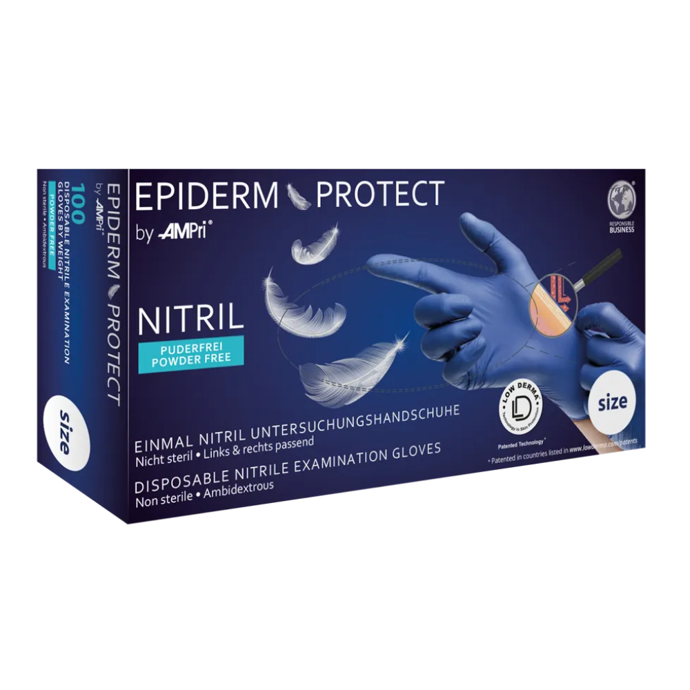 Krabica AMPri Epiderm Protect nitrilových rukavíc od MED-COMFORT bez púdru, kovovo modrá. Kovovo modrá krabica zobrazuje obrázok ruky, ktorá nosí modrú rukavicu a drží pierko. Štítky ukazujú, že rukavice sú nesterilné, bez púdru a obojstranné, a veľkosť je uvedená. Krabica obsahuje 100 kusov a je vyrobená spoločnosťou AMPri Handelsgesellschaft mbH.