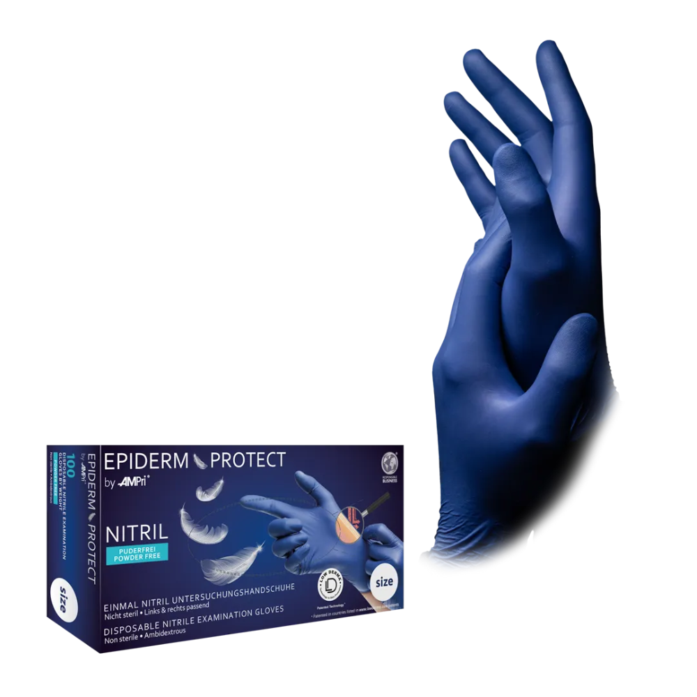 Krabica AMPri Epiderm Protect nitrilových rukavíc od MED-COMFORT bez púdru, kovovo modrá (100 kusov) od AMPri Handelsgesellschaft mbH je vystavená vedľa páru rúk s kovovo modrými rukavicami. Na krabici s nápisom „bez púdru“ je zobrazená ruka smerujúca doprava.
