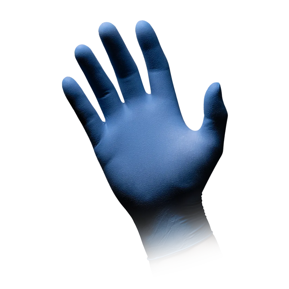Ein AMPri MED-COMFORT BLUE Latexhandschuh der AMPri Handelsgesellschaft mbH ist vor einem weißen Hintergrund abgebildet. Der Handschuh, ideal für die Lebensmittelverarbeitung, ist mit der Handfläche zum Betrachter gerichtet und mit ausgestreckten Fingern dargestellt. Der Handgelenkbereich des puderfreien Handschuhs ist leicht verblasst.