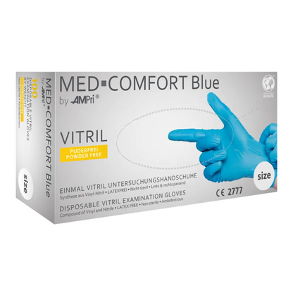 Zobrazená je škatuľka AMPri MED-COMFORT BLUE Vitrilhandschuhe bez púdru, modrá od AMPri Handelsgesellschaft mbH. Škatuľka zdôrazňuje, že rukavice sú bez púdru a latexu, čo ich robí ideálnymi pre potravinársky priemysel. Na obale je zobrazená ruka, ktorá nosí modrú rukavicu, a sú tam rôzne informačné texty a logá.
