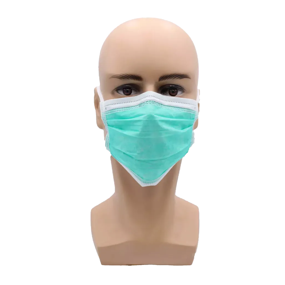 Vor einem weißen Hintergrund ist ein kahlköpfiger Schaufensterpuppenkopf abgebildet, der eine AMPri MED-COMFORT OP Maske zum Binden Typ IIR trägt, die Nase und Mund bedeckt.