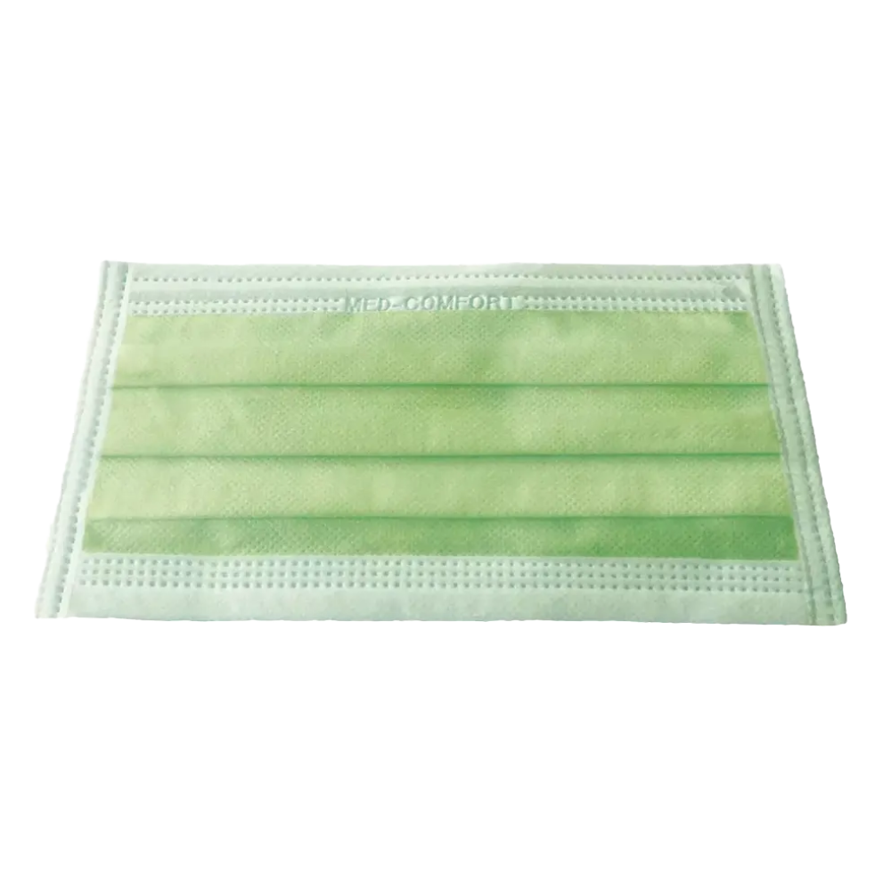 Zobrazená je jedna svetlozelená AMPri MED-COMFORT OP maska na viazanie Typ IIR od AMPri Handelsgesellschaft mbH. Táto OP maska má tri záhyby, slučky na ušiach a viditeľné švy na okrajoch. Materiál sa zdá byť kombináciou netkanej textílie a taveného textilu.