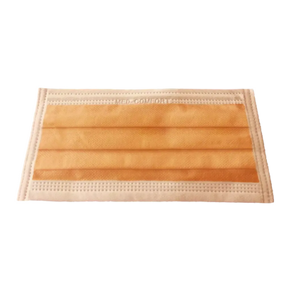 Zobrazená je AMPri MED-COMFORT OP maska na viazanie Typ IIR v oranžovej farbe od AMPri Handelsgesellschaft mbH. Táto jednorazová ochranná maska na ústa a nos má slučky na ušiach, horizontálne záhyby a zosilnený okraj na zabezpečenie bezpečného uchytenia.