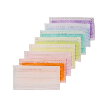 Prehľadne usporiadaná sada s ôsmimi AMPri MED-COMFORT OP maskami na viazanie Typ IIR od AMPri Handelsgesellschaft mbH v rôznych farbách, vrátane bielej, ružovej, oranžovej, žltej, zelenej, modrej, fialovej a svetlomodrej. Každá maska je jemne perforovaná a má na povrchu vytlačený nápis „MED COMFORT“. Ideálne na ochranu úst a nosa.

