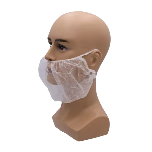 Ein Mannequinkopf präsentiert die AMPri MED-COMFORT PP BartMasken in Weiß, gefertigt aus Polypropylen-Spinnvlies. Die Bartmaske ist so konzipiert, dass sie bequem um die Ohren passt und die untere Gesichtshälfte, insbesondere den Kinn- und Kieferbereich, effektiv verdeckt. Der schlichte weiße Hintergrund hebt das Produkt der AMPri Handelsgesellschaft mbH wirkungsvoll hervor.