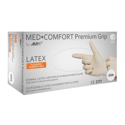 Zobrazená je škatuľka AMPri MED-COMFORT Premium Grip latexových rukavíc, biela | Box (100 kusov) od AMPri Handelsgesellschaft mbH. Škatuľka je označená ako nesterilná, bez púdru a použiteľná obojručne. Balenie zobrazuje obrázok ruky s rukavicou a obsahuje text vo viacerých jazykoch, čo zdôrazňuje vhodnosť balenia pre profesionálne použitie.