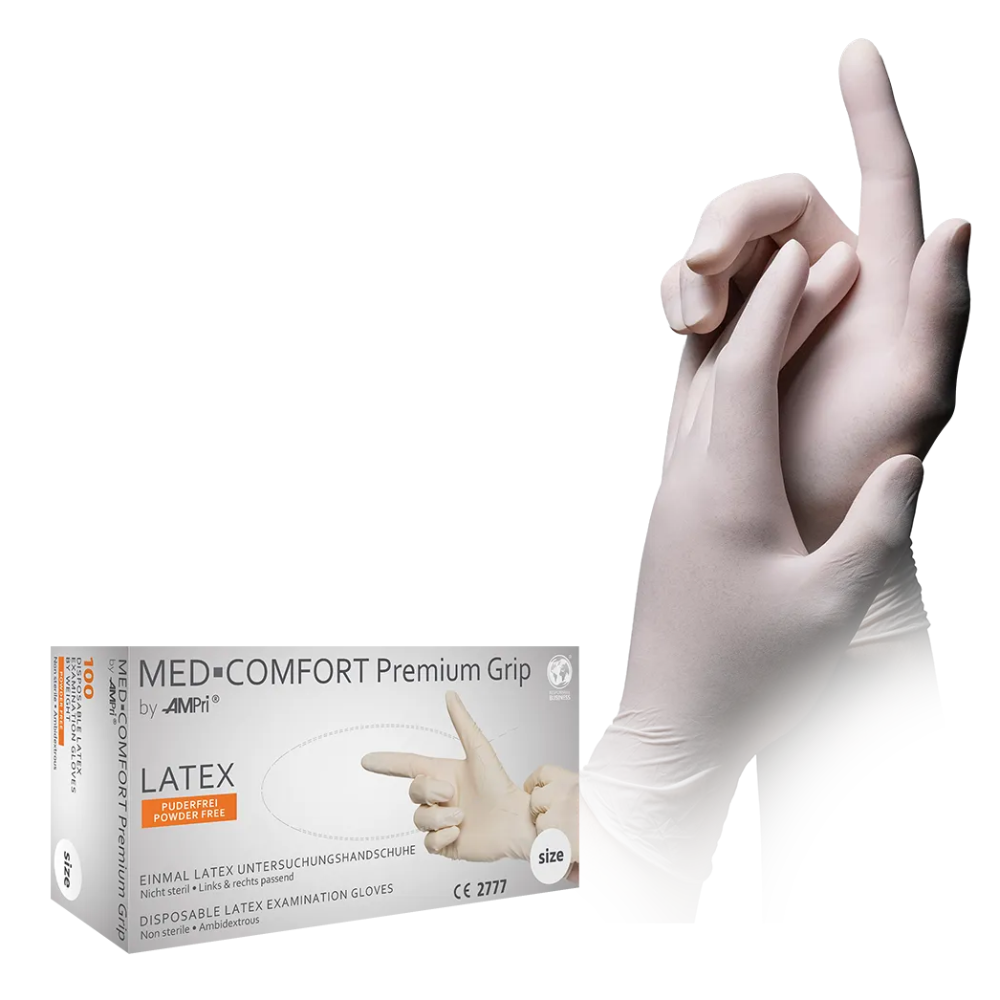 Zobrazená je škatuľka AMPri MED-COMFORT Premium Grip latexových rukavíc, biela od AMPri Handelsgesellschaft mbH (100 kusov). Vedľa škatuľky sú zobrazené ruky v rukaviciach, pričom jedna ruka mierne prekrýva druhú. Škatuľka obsahuje detaily produktu a veľkosť je uvedená ako „6“. Tieto bezpúdrové rukavice sú ideálne pre profesionálne použitie.