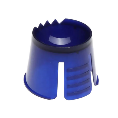 Modrý, okrúhly jednorazový AMPri PP Dappen z polypropylénu so zúbkovanými okrajmi a vertikálnymi štrbinami, ktorý pripomína prevrátený náprstok.