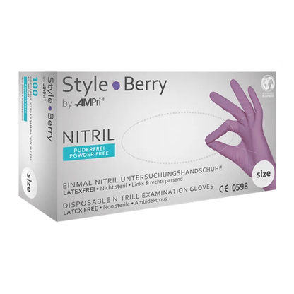 Krabica AMPri STYLE BERRY nitrilových rukavíc bez púdru od MED-COMFORT, orgovánová. Krabica je prevažne biela s fialovými akcentmi a zobrazuje obrázok ruky v rukavici. Tieto bezpúdrové, bezlatexové, nesterilné a obojručné nitrilové vyšetrovacie rukavice vyrába AMPri Handelsgesellschaft mbH.