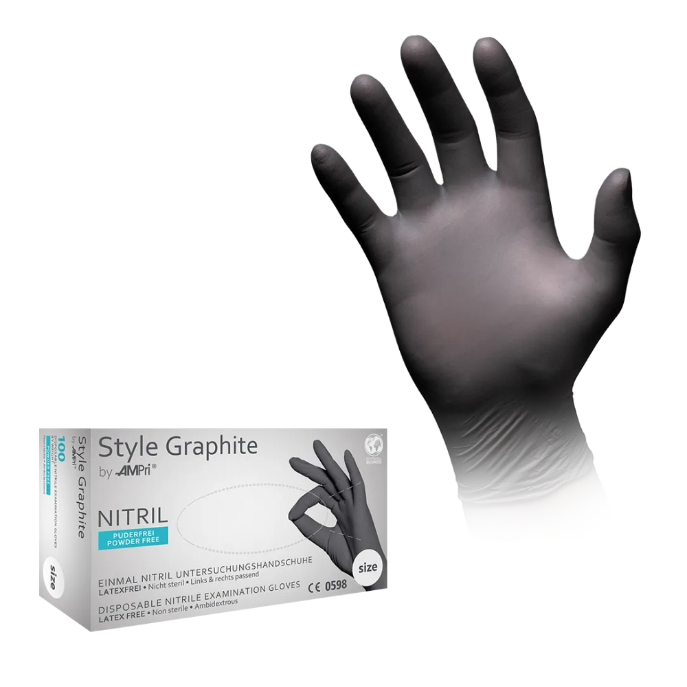 Obrázok čiernej jednorazovej vyšetrovacej rukavice z nitrilu, ktorá sa nosí na ruke. Na krabici s rukavicami v dolnom ľavom rohu je napísané „AMPri STYLE GRAPHITE Nitrilhandschuhe puderfrei von MED-COMFORT“ a je uvedené, že rukavica je nepudrovaná a bez latexu. Uvedená veľkosť je „M“ (stredná). Rukavice sú v antracitovej farbe a vyrába ich AMPri Handelsgesellschaft mbH.