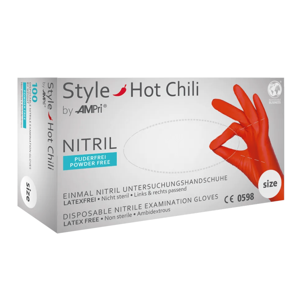 Obrázok ukazuje bielu škatuľu s „AMPri STYLE HOT CHILI Nitrilhandschuhe puderfrei von MED-COMFORT“ nitrilovými jednorazovými vyšetrovacími rukavicami od AMPri Handelsgesellschaft mbH. Tieto jednorazové rukavice sú bez latexu, bez púdru (nitrilové rukavice bez púdru) a nesterilné a sú určené na jednorazové použitie. Na škatuľke je zobrazená ruka v červených rukaviciach, ktorá robí gesto „OK“.
