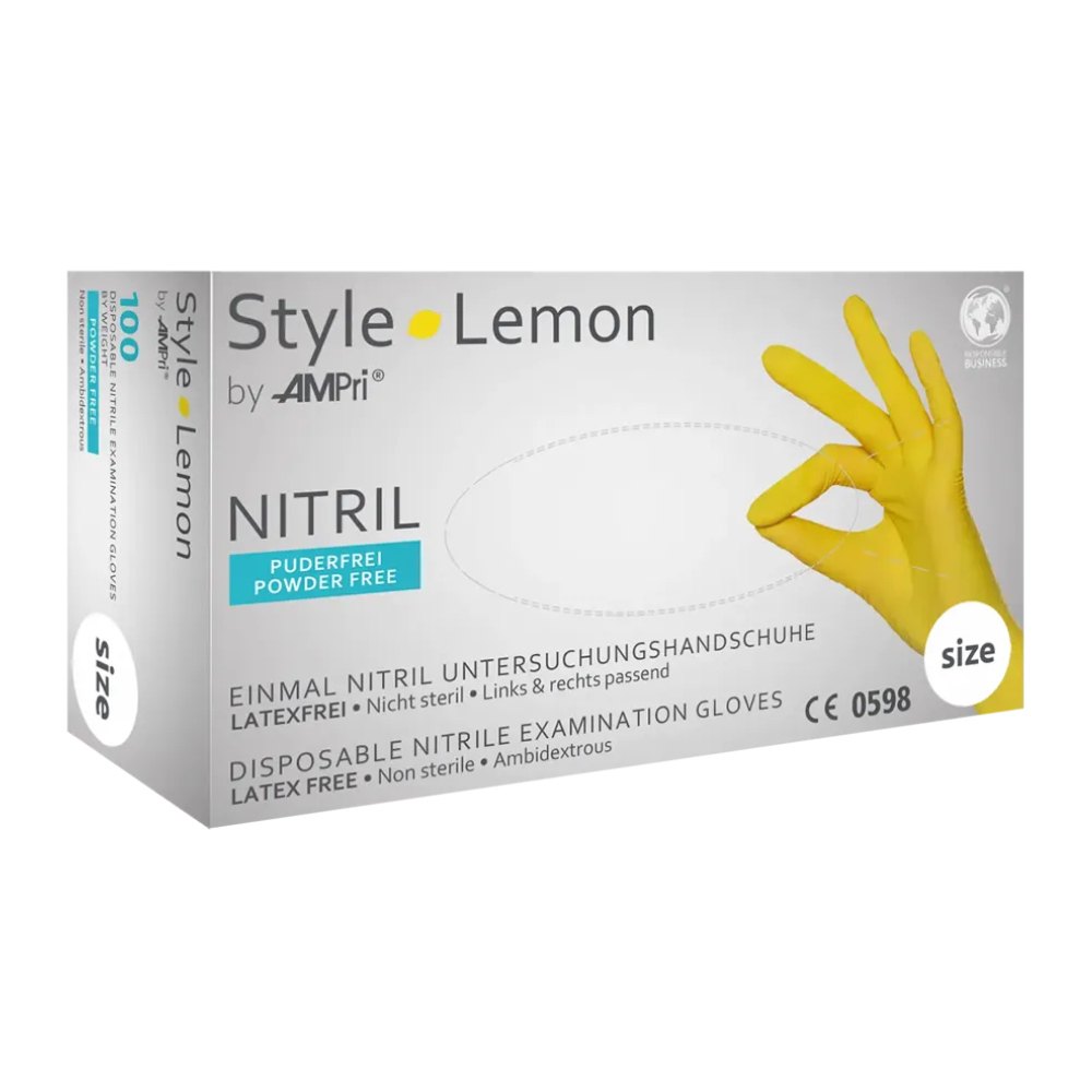 Biela škatuľa s nápisom „AMPri STYLE LEMON nitrilové rukavice bez púdru od MED-COMFORT“ od AMPri Handelsgesellschaft mbH zobrazuje žltú rukavicu, ktorá vytvára znak „OK“. Škatuľa obsahuje „Jednorazové nitrilové rukavice – bez latexu • nesterilné • obojručne nositeľné“. Číslo „100“ udáva množstvo, ktoré sa v nej nachádza, a sú bez púdru.