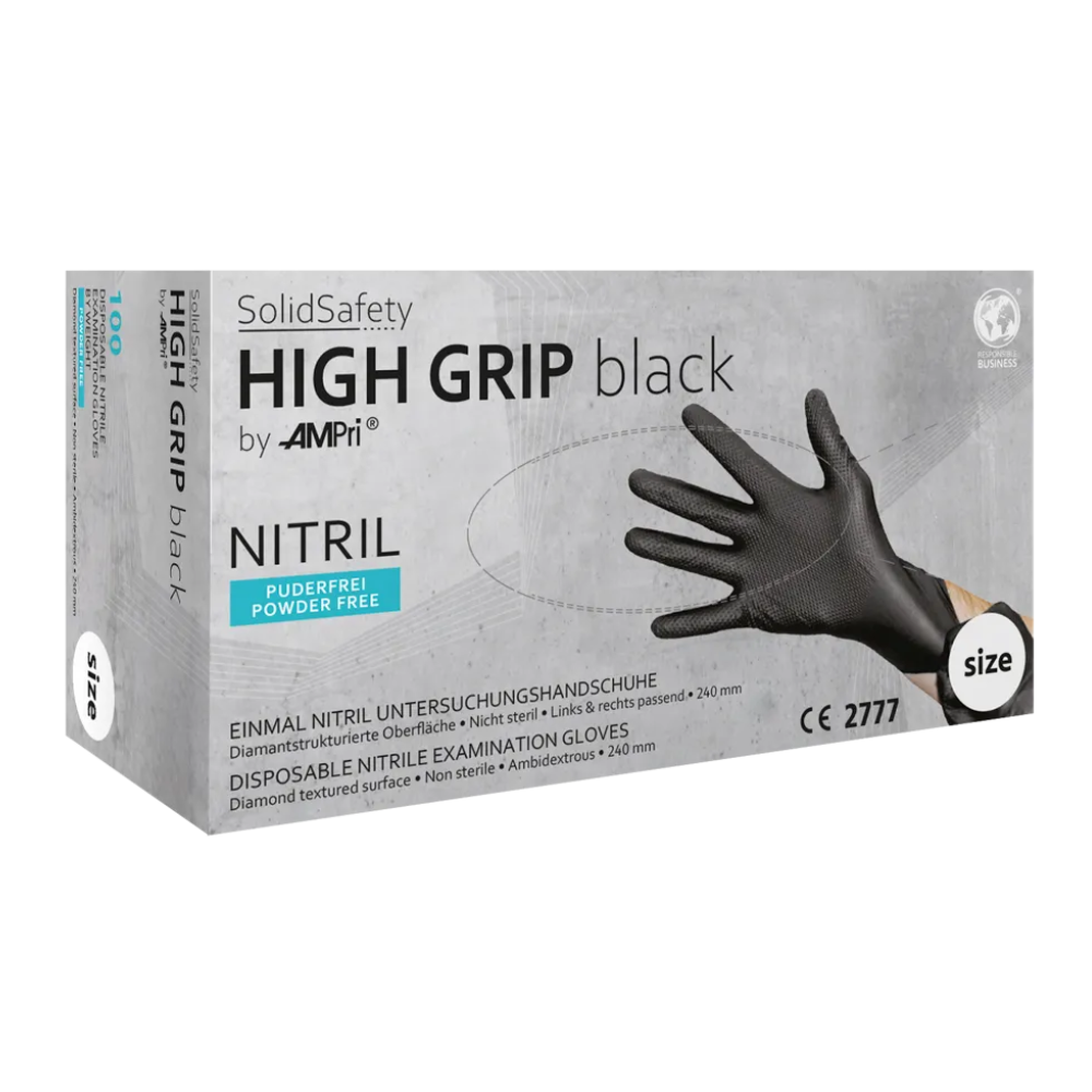 Krabica AMPri SolidSafety High Grip Black Nitril chemické ochranné rukavice, ideálne ako profesionálne rukavice pre rôzne aplikácie. Krabica obsahuje jednu čiernu rukavicu a zdôrazňuje, že je bez púdru, nesterilná a s diamantovou štruktúrou povrchu pre lepší úchop.