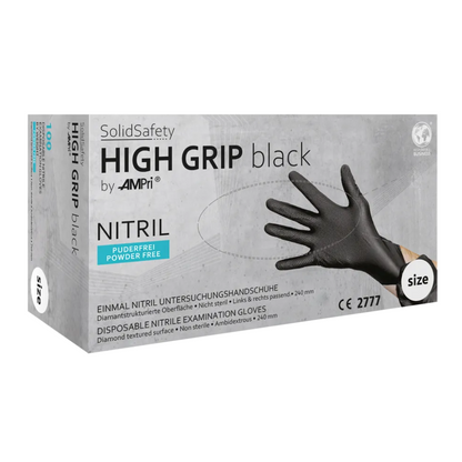Krabica AMPri SolidSafety High Grip Black Nitril chemické ochranné rukavice, ideálne ako profesionálne rukavice pre rôzne aplikácie. Krabica obsahuje jednu čiernu rukavicu a zdôrazňuje, že je bez púdru, nesterilná a s diamantovou štruktúrou povrchu pre lepší úchop.