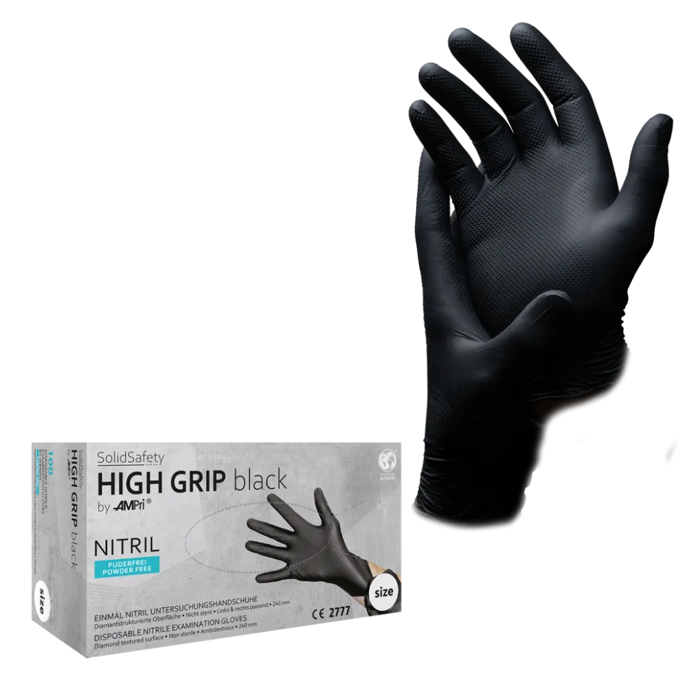 AMPri SolidSafety High Grip Black Nitril chemické ochranné rukavice, ktoré sú prezentované v značkovom balení AMPri Handelsgesellschaft mbH, sú bez púdru a dostupné vo veľkostiach S až XXL. Tieto profesionálne rukavice ponúkajú štruktúrovaný povrch, ktorý zlepšuje úchop a robí ich ideálnymi pre náročné úlohy.