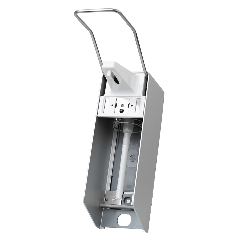 Predstavujeme nástenný dávkovač AMPri od spoločnosti AMPri Handelsgesellschaft mbH, navrhnutý pre 500 ml dezinfekčného prostriedku a mydla. Tento nástenný dávkovač má elegantný strieborný vzhľad a hygienické dávkovanie, kompletné s dlhým pákovým ovládaním pre jednoduchú obsluhu. Vo vnútri sa nachádza fľaša s tlakovou pumpou.