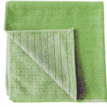Zložená zelená Arcora Scrub & Clean 2N1 mikrovláknová utierka (40 x 40 cm) od Arcora International GmbH ukazuje svoj štruktúrovaný mriežkový vzor a zložený roh, ideálna ako čistiaca utierka pre všetky povrchy.