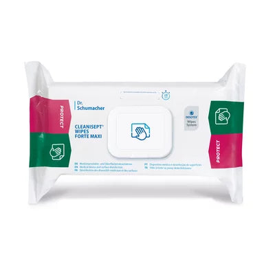 Balenie Dr. Schumacher Cleanisept® Wipes Forte Max (100 utierok) od Dr. Schumacher GmbH s opakovane uzatvárateľným viečkom a zeleno-ružovými akcentmi ponúka virucídnu, bezalkoholovú dezinfekciu v bielom obale s informáciami o značke a produkte.