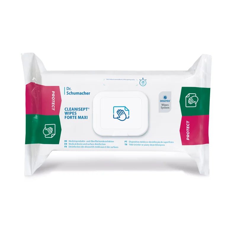 Balenie Dr. Schumacher Cleanisept® Wipes Maxi dezinfekčné utierky (100 kusov) od Dr. Schumacher GmbH s opakovane uzatvárateľným vekom, modrými a ružovými piktogramami a textom na bielom pozadí, navrhnuté pre rýchlu rýchlu dezinfekciu bez alkoholu.