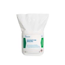 Biely plastový sáčok s nápisom "Dr. Schumacher DESCOSEPT PUR WIPES RTU | Dávkovač (120 utierok)" od spoločnosti Dr. Schumacher GmbH je opatrený modrým a zeleným písmom, chemickým symbolom nebezpečenstva a trhacím uzáverom - ideálny na dezinfekciu lekárskych zariadení.