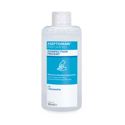 Číra 500 ml fľaša Dr. Schumacher Aseptoman® dezinfekcia rúk bez parfumu od spoločnosti Dr. Schumacher GmbH, alkoholová dezinfekcia rúk bez parfumu pre hygienickú dezinfekciu rúk, s modro-bielou etiketou.