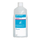 Eine 1-Liter-Kunststoffflasche Dr. Schumacher Aseptoman® Gel Händedesinfektionsgel der Dr. Schumacher GmbH mit blau-weißem Etikett und weißem Verschluss, auf dem hautverträgliches Desinfektionsgel auf weißem Hintergrund abgebildet ist.