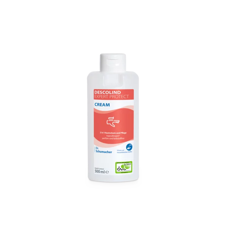 Biela 500 ml fľaša Dr. Schumacher Descolind Expert Protect Cream ochranný krém na pokožku od Dr. Schumacher GmbH s červeno-bielou etiketou, ideálna pre alergicky ohrozené ruky, stojí pred svetlým pozadím.