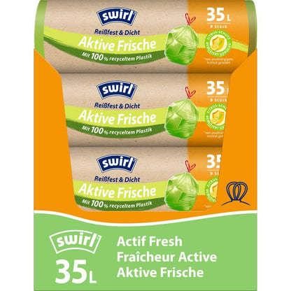 Melitta Swirl Aktívne čerstvé odpadkové vrecia 35 l, odolné proti roztrhnutiu a tesné, rolka s 9 vrecami, z recyklovaného plastu. Žltozelené balenie so systémom citrusov pre čerstvosť, popis v nemčine a francúzštine.