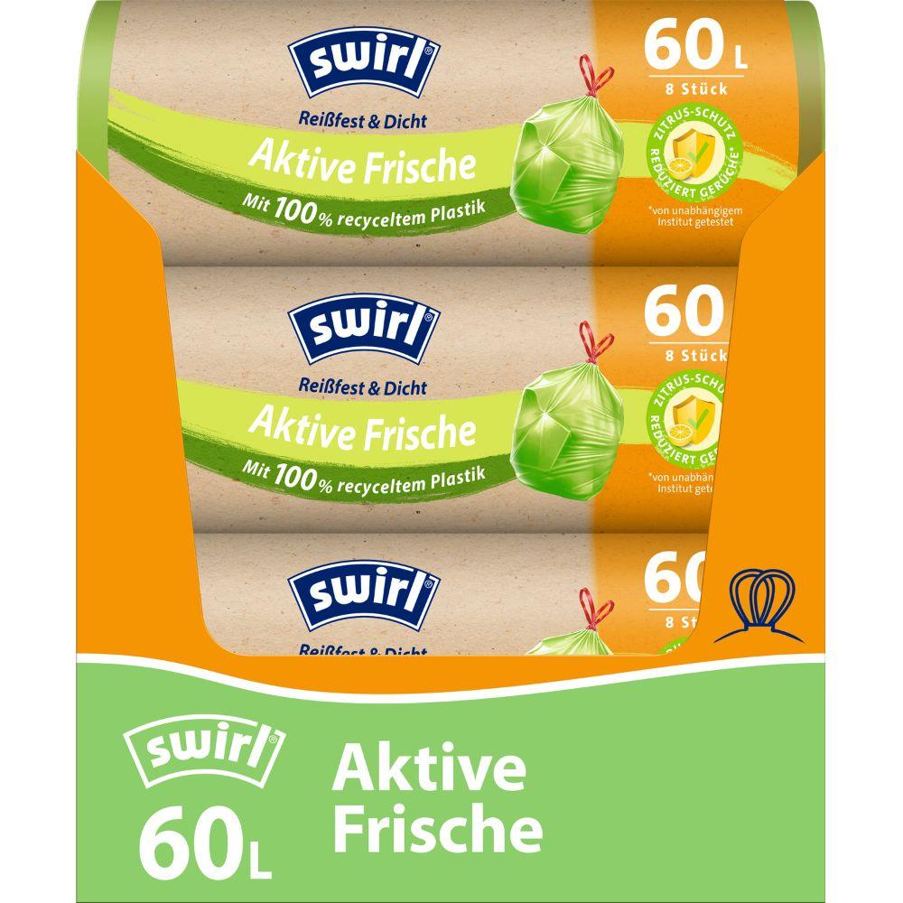 Swirl Aktive Frische Müllbeutel 60 l von Melitta Europa GmbH & Co. KG: 8 reißfeste, dichte Beutel aus 100% recyceltem Plastik mit Zitrussystem für Frische, grün-orange, Produktdetails in English.