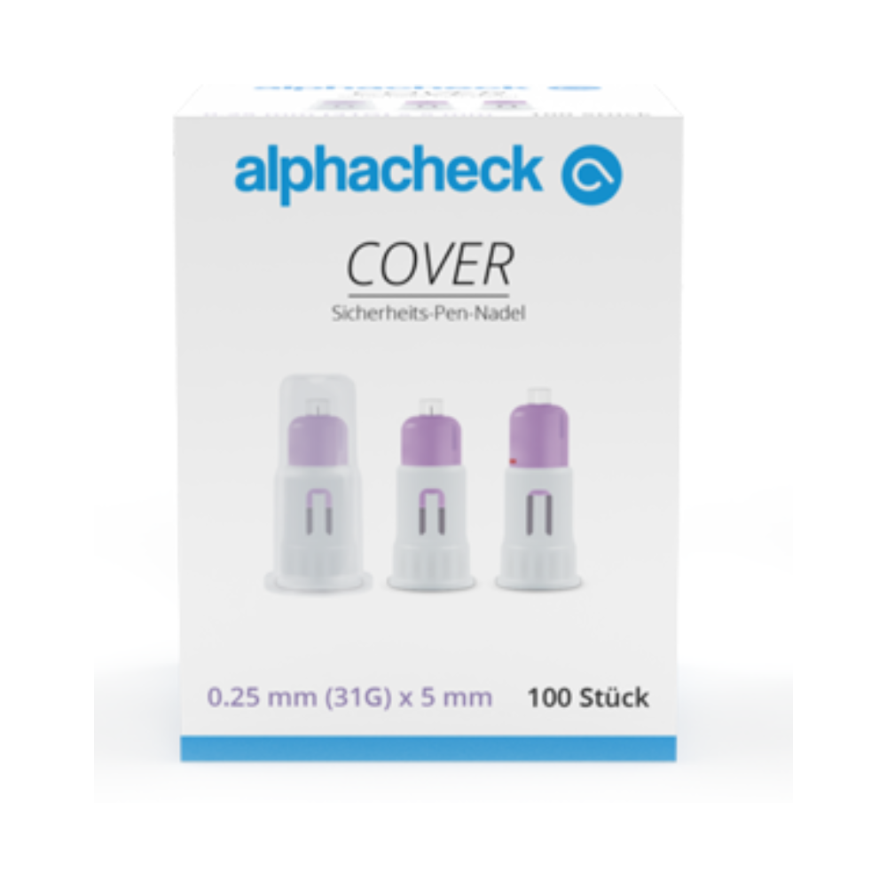 Obrázok ukazuje bielu krabicu s nápisom „Alphacheck COVER bezpečnostné ihly na perá“ od Berger Med GmbH. Zobrazuje obrázky troch krytov ihiel v rade a udáva veľkosť 0,25 mm (31G) x 5 mm pri množstve 100 kusov, pričom ultratenký hrot ihly je zvýraznený pre zvýšenú bezpečnosť.